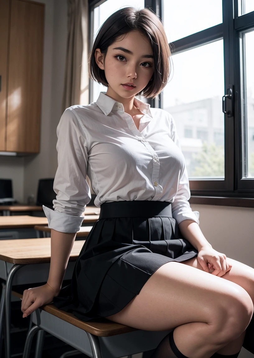 masterpiece, 1 girl, in a loose school black skirt, hair color: red, in a button-down shirt, in school stockings, very short hair, thick thighs