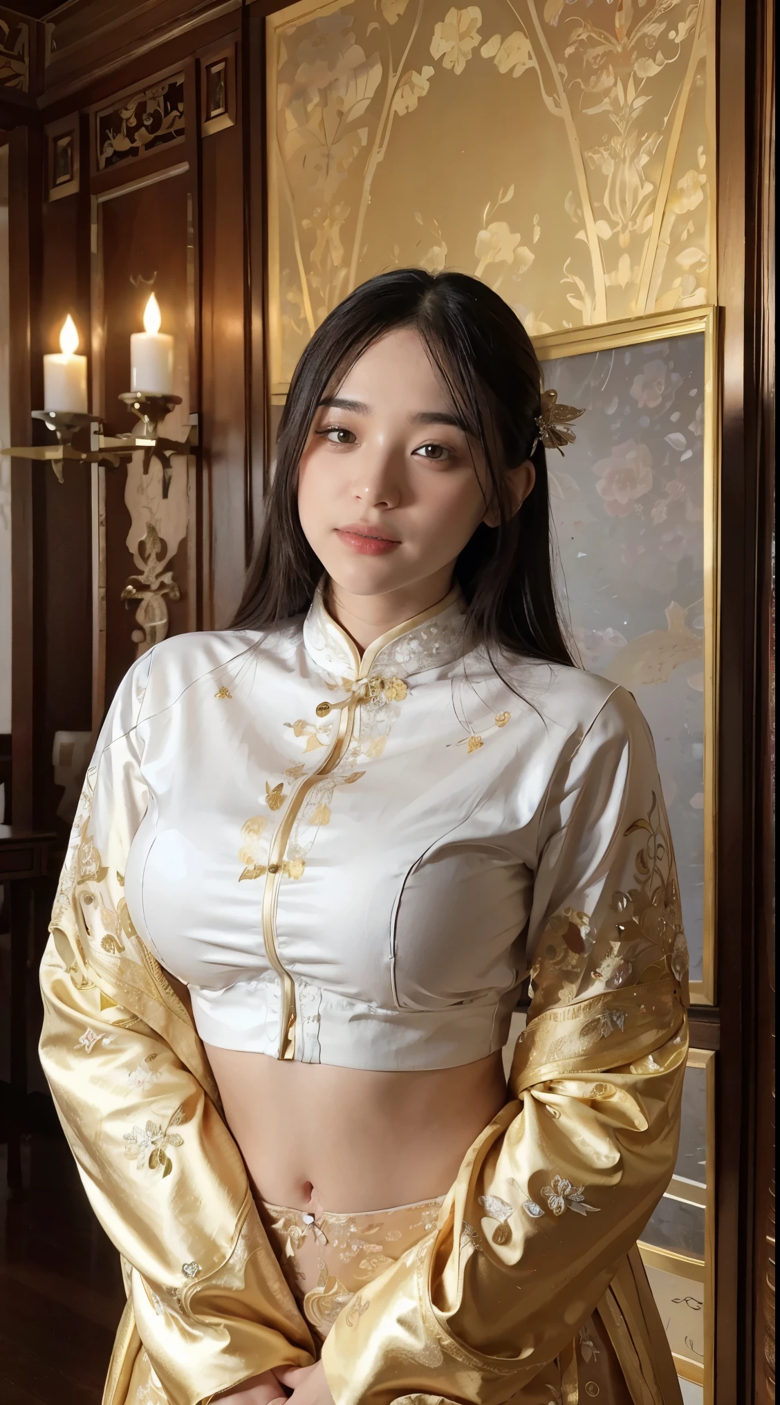 Masterpiece, high quality, 4K, beautiful design, shiny, from the front, award winning photo, extremely detailed, amazing, fine detail, absurdres, highly detailed woman, extremely detailed eyes and face, solo, 1girl, babe, glossy, big , wifs, sparkling fabric, incrusted with jewels, visible midriff , woman wearing a wifs, posing inside a castle with an oriental architecture, golden embroidery,