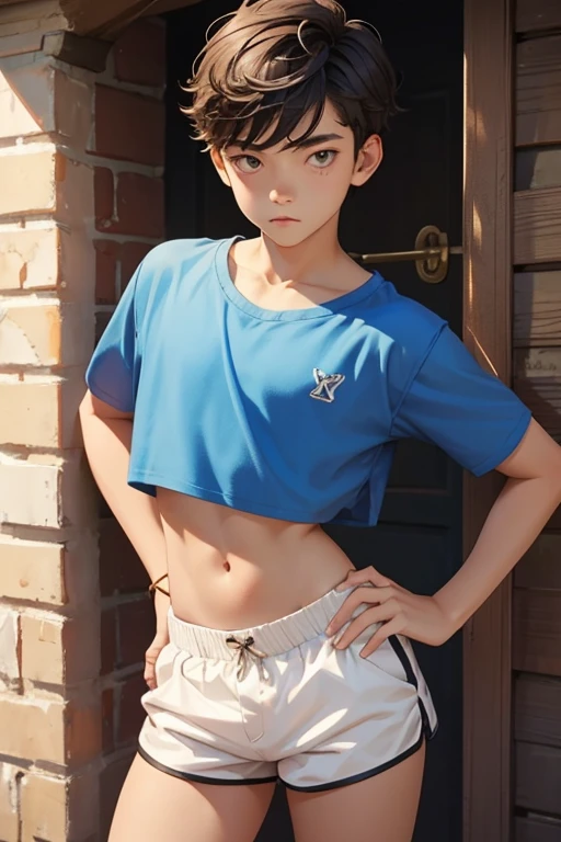 , boy wears a crop top and too very short shorts, posing