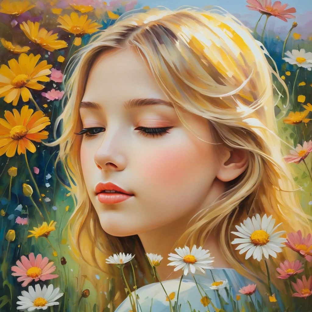 Capture the essence of pure serenity and natural beauty in an awe-inspiring oil painting that transports viewers into a dreamlike world where a girl finds solace amidst a sea of Paper Daisies. Imagine a tranquil meadow bathed in the soft glow of the setting sun, where the vibrant hues of yellow, orange, and pink Paper Daisies stretch as far as the eye can see. Nestled among the blossoms lies a young girl, her figure draped in billowing fabric that mirrors the delicate petals of the flowers. With a sense of peaceful abandon, the girl reclines gracefully among the daisies, her eyes closed in quiet contemplation. The warm golden light of the sun caresses her skin, casting a gentle radiance that illuminates her features and lends an ethereal quality to the scene. The oil painting captures the intricate details of each individual Paper Daisy, from the delicate papery petals to the subtle variations in color and texture. Layers of thick, luscious oil paint are applied with masterful brushstrokes, creating depth and dimension that bring the flowers to life on the canvas. In the distance, rolling hills rise and fall like waves on the horizon, their verdant slopes dotted with patches of wildflowers that dance in the breeze. A soft breeze rustles through the meadow, carrying with it the sweet scent of the daisies and the soft murmur of distant birdsong. As the viewer gazes upon the painting, they are drawn into a state of tranquil reverie, enveloped by the beauty and tranquility of the natural world. "Golden Reverie" is not merely a painting—it is a sanctuary of peace and beauty, a refuge from the chaos of the world, and a reminder of the simple joys that lie in the embrace of nature.