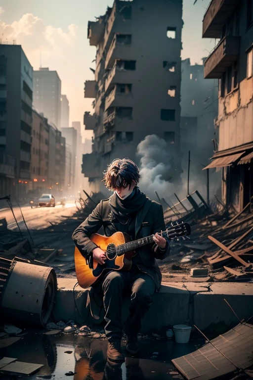 Here's a prompt idea for an image generator:

"Create an image of a lone figure, a man sitting amidst the ruins of a once bustling city. The city is in chaos, with buildings crumbling, smoke billowing from fires, and debris scattered everywhere. Despite the destruction around him, the man sits quietly, his posture reflecting sadness and loneliness. He holds a guitar in his hands, fingers gently strumming the strings. The scene is bathed in a soft, melancholic light, adding to the sense of desolation and despair. Capture the contrast between the man's peaceful demeanor and the chaotic world around him, evoking a sense of solitude and introspection."