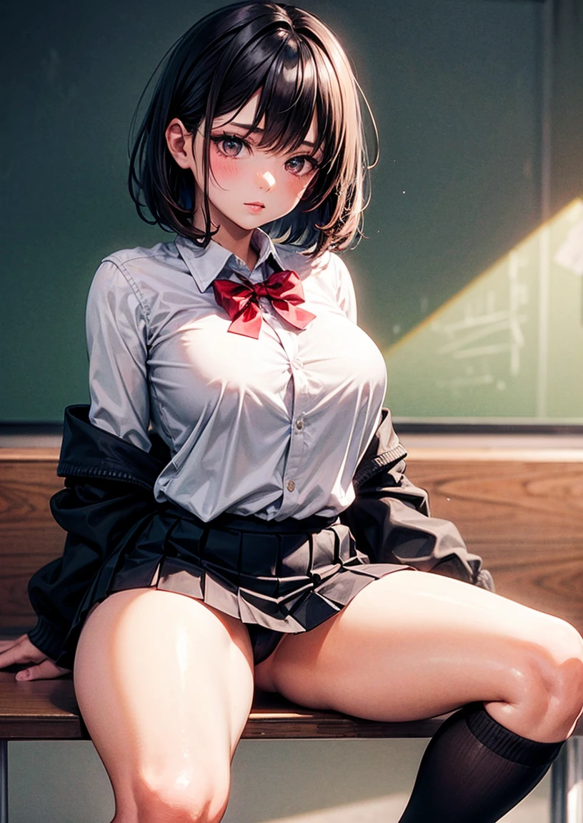 masterpiece, 1 girl, in a loose school black skirt, hair color: red, in a button-down shirt, in school stockings, very short hair, thick thighs