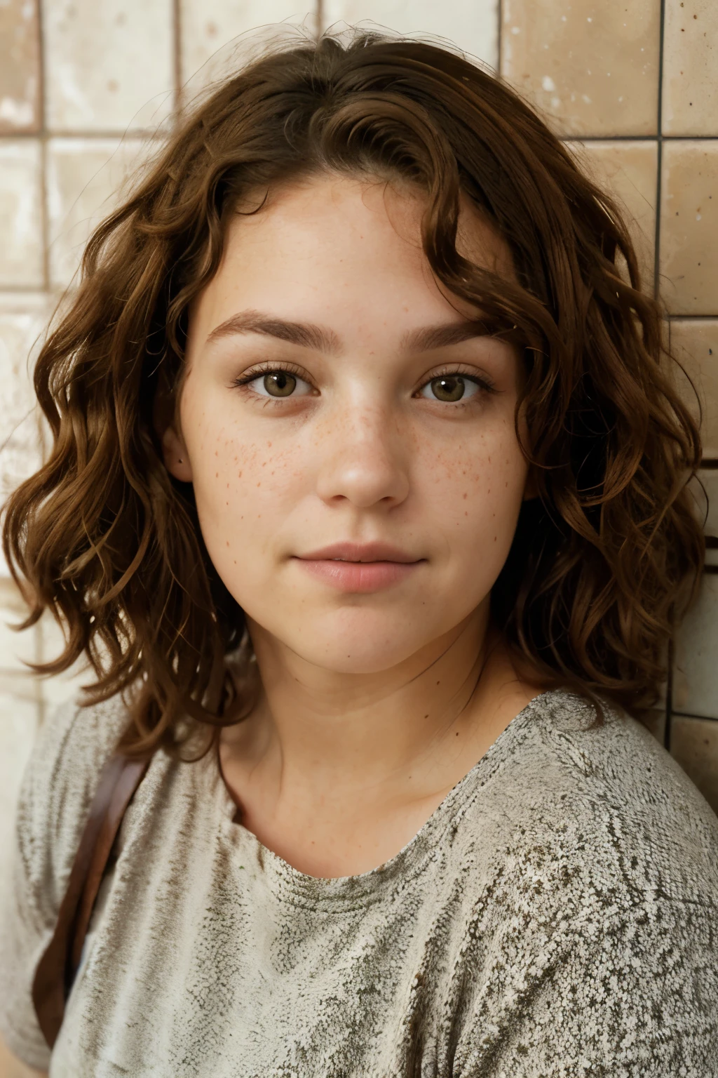 curly, brown haired, brown eyed, serious faced, nose percinged, chubby cheeked, freckled, red undershirt wearing lady in a tiled wall, face camera, face angle panning, face viewing, face front angle