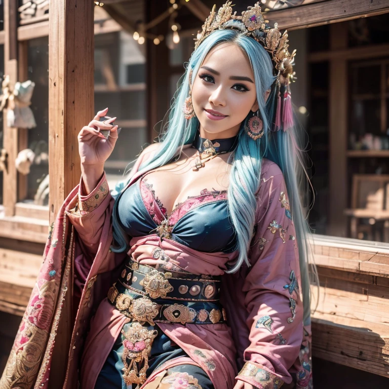 bestquality，master-piece，High resolution with high detail，（brilliant：1.4），raw photograph，，optical illusion，1girle，（Solo exhibitions：1.2），（cowboy lens：1.2），（Hair crown：1.2），Traditional costumes of Dunhuang, china，strapless，（red eyeliner：1.2），（Black eyes：1.4），earings，dynamic angle，entertainment，messy_long_hair，ink，cinematic light，lanelare，Velvet，chrysanthemum，tassels，ribbons，Colorful embroidery，upper half body，Facing the lens，Dynamic Poses，large，Embroidered shoes, Ultra-realistic intricate details, Cinematic, 8K resolution, 70mm, emphasis lighting, Global illumination, (((wearing a Sexy belt design by LV))) Surreal full-body figure, Beautiful and delicate body and face, gorgeous figure, ssmile, Titillating，Surreal full-body figure，Beautiful and detailed body and face, Super vista, White skin of the, vivd colour,🔥8k, (masterpiece), (((highest quality)), (super detailed), 2 girls, (iridescent hair, colorful hair, half blue and half pink hair: 1.2), 38 years old, (Gorgeous Malay Girls: 1.2), outdoor, bangs, smile, sky blue eyes, perfect hands, perfect hands, hand details, corrected fingers. Earrings, Night Store + Background, looking_at_viewer, Cowboy Shot, Top Quality, Rich Detail, Perfect Image Quality, big breasts, slender body