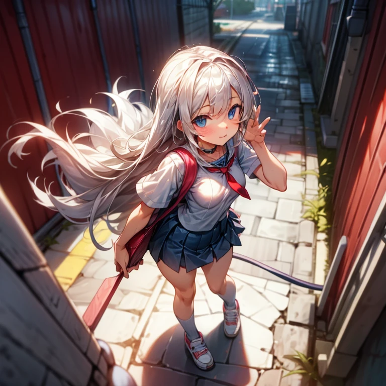 Masterpiece, Improved quality, High quality, Good anatomy, Healthy body, Whole fingers, Normal digits, 4k quality image, Girl, beautiful girl, perfect body, full body, perfect girl, long white hair messy back, blue eyes, natural smile, small breast, heavy rain with thunder strike, black mini skirt, white shoes, she is holding a red school bag, in a city alley, wet clothes, from above, breast slip, collar with leash, looking at viewer.