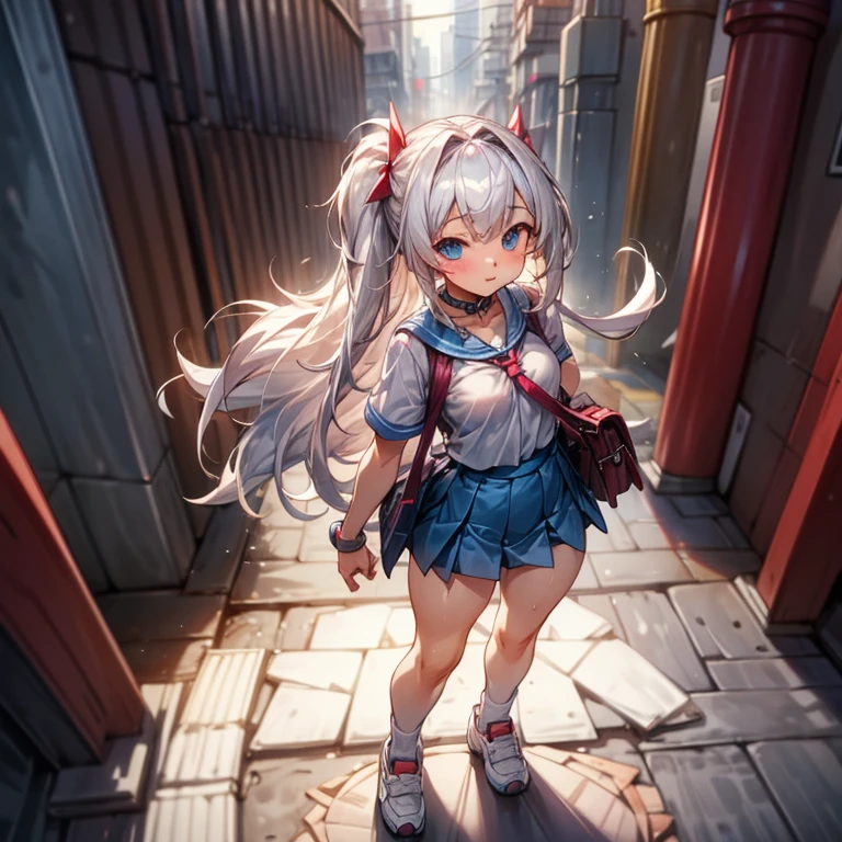 Masterpiece, Improved quality, High quality, Good anatomy, Healthy body, Whole fingers, Normal digits, 4k quality image, Girl, beautiful girl, perfect body, full body, perfect girl, long white hair messy back, blue eyes, natural smile, small breast, heavy rain with thunder strike, black mini skirt, white shoes, she is holding a red school bag, in a city alley, wet clothes, from above, breast slip, collar with leash, looking at viewer.