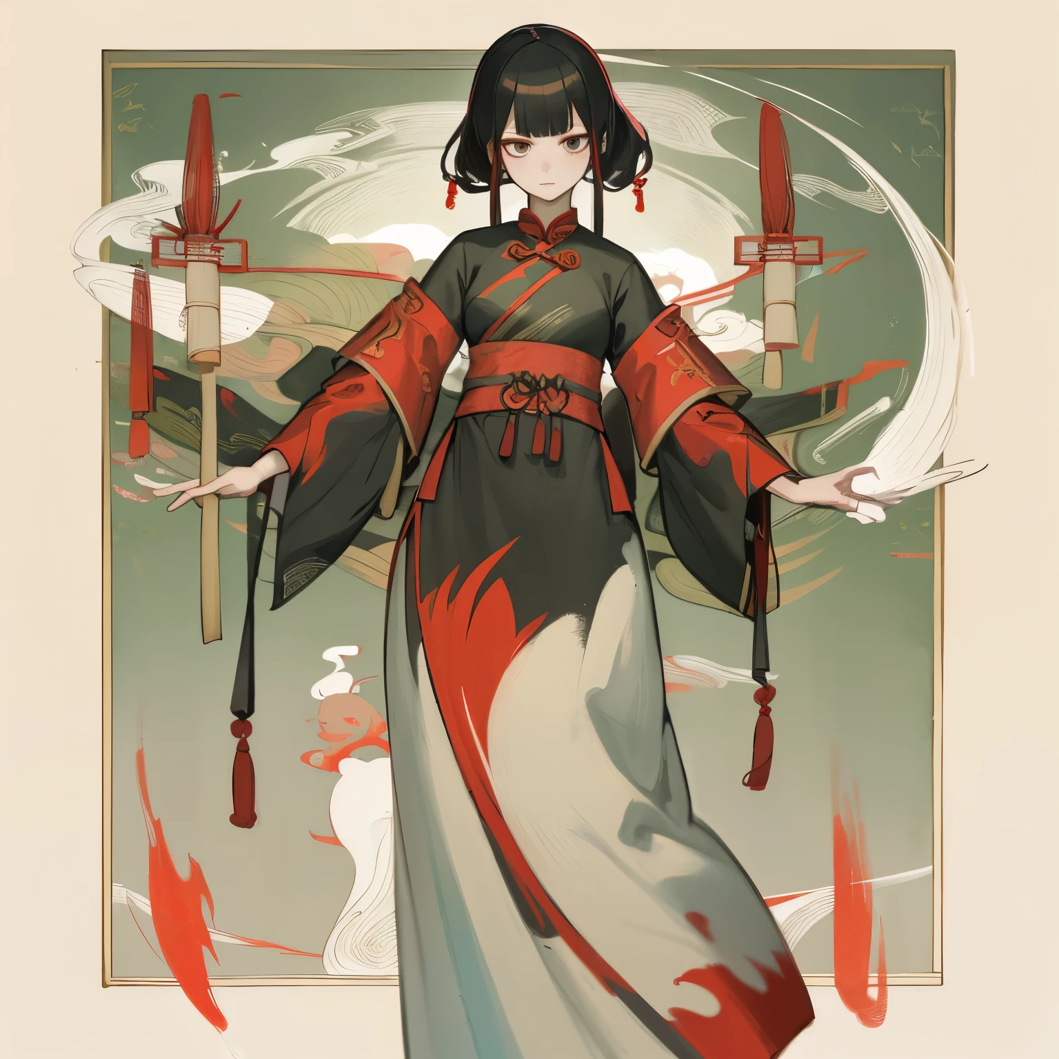 a painting of a woman in red with black hair, im Stil zarter Tuschewaschungen, epische Fantasy-Szenen, Chinese painting, bespritzt/tropfte, White background, traditional costumes, soft focus lens --ar 73:98 --stilize 750 --v 6