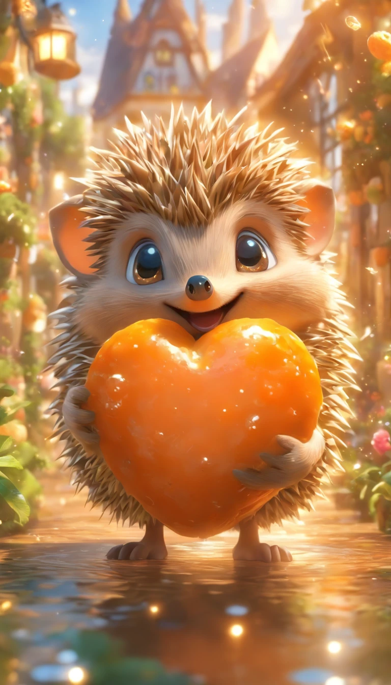 Cute little hedgehog, Visas, holding a carrot, carrot, with round eyes, Garden Fountain, Light, Houses in the distance, mirror effect