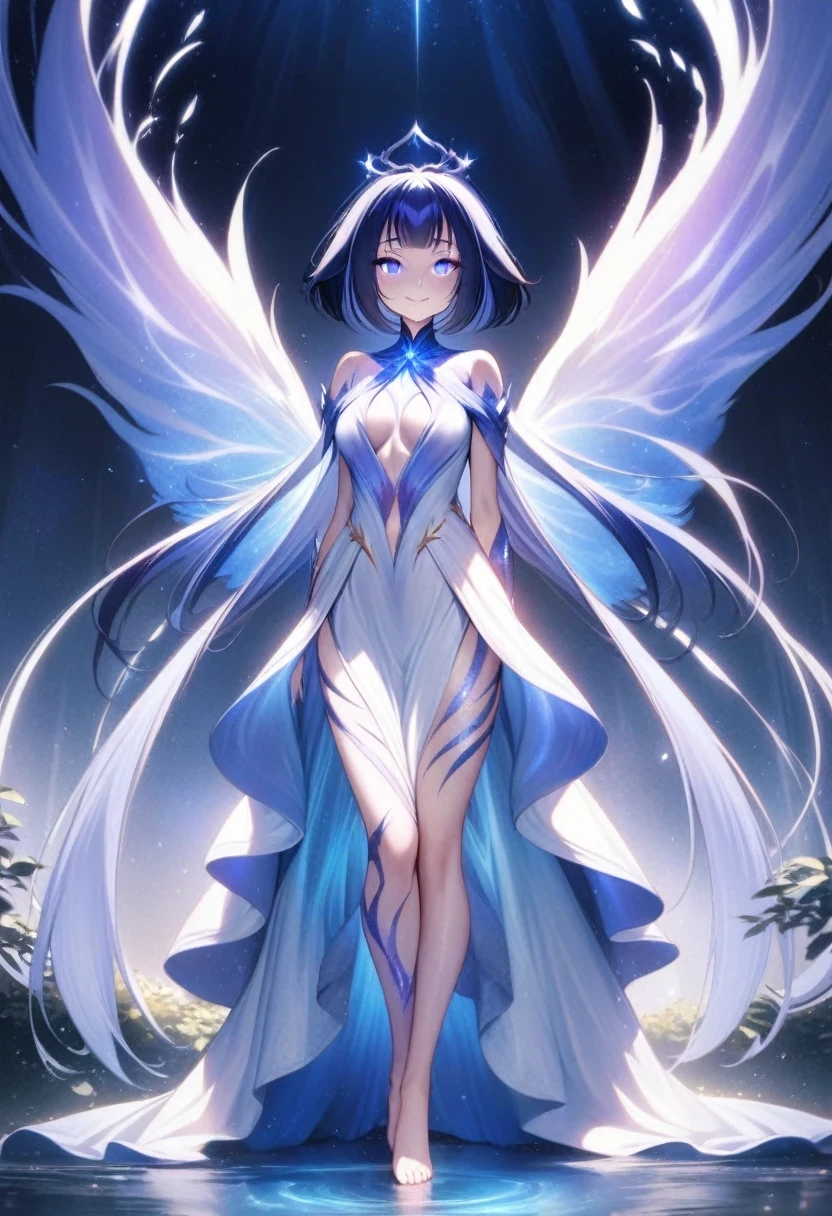(shylily/(Twich/):1.5),(masterpiece:1.2),(best quality:1.2),1 Girl, ethereal beauty, moonlight hair, starlight dress, barefoot, Beautiful, Kind eyes, Gentle smile, fit, graceful posture, Otherworldly atmosphere, Willow branch crown, flowing white dress, glowing skin, Glowing eyes, Magical existence, masterpiece, best quality