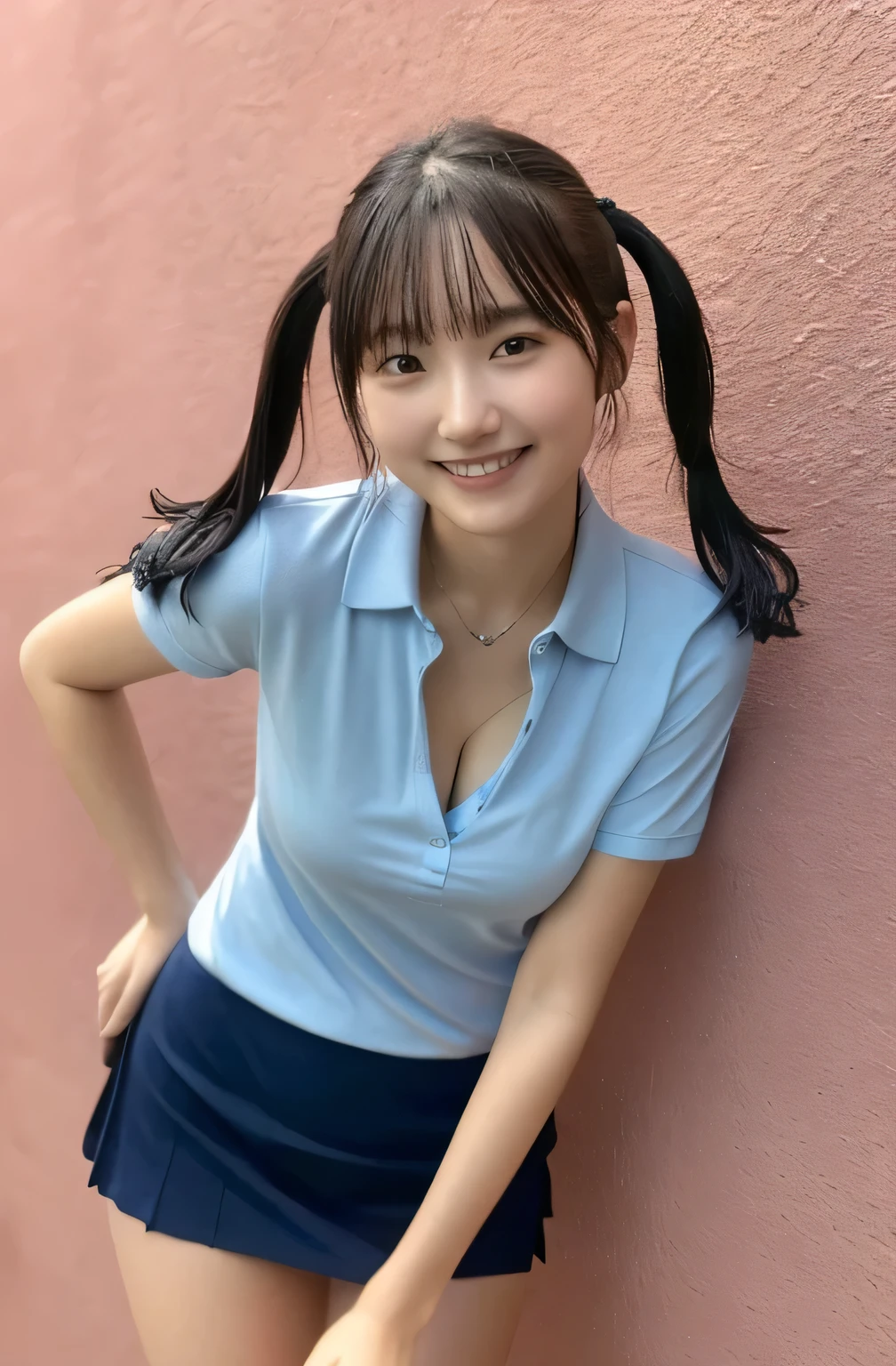 ((Ultra-high resolution)),8K,18-year-old、Leaning forward to reveal cleavage、Small breasts, , Twin tails,  Red mini skirt, Navy blue polo shirt、Small cleavage 2:1,Idol Sculpture, Wet, smile、Pink wall、sexy、slender、Shapely small breasts、I can see your thighs、