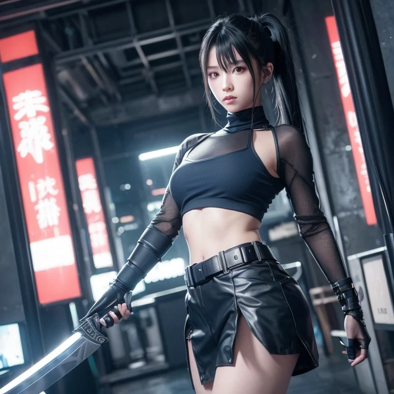 Cyberpunk Girl, Digital Cyberpunk Art, (Digital Cyberpunk Art), Ultra high definition、masterpiece、correct、Anatomically correct、Textured skin、Very detailed、High detail、high quality、最high quality、High resolution、8k、Raw photo、whole body、Beautiful age Woman、One Japanese woman、Big beautiful eyeedium chest、Black hair ponytail、((Navy blue cyberpunk ninja outfit))、In a dark forest、((Cyberpunk Ninja))、((Cyberpunk silver gauntlets))、((Holding a sword))