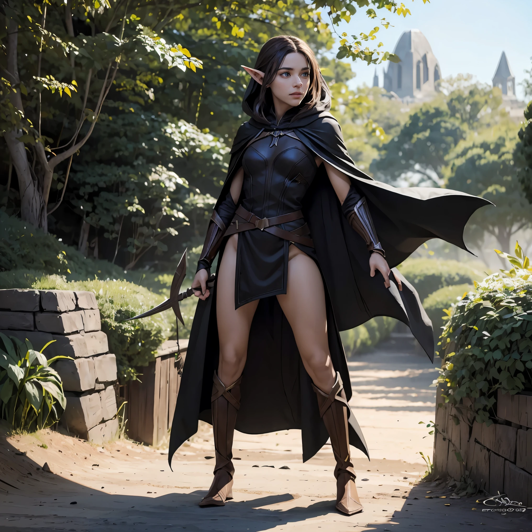 (masterpiece), best quality, expressive eyes, perfect face, ((1 female wood elf)), fit body, ((black rogue cloak)), pointy ears, short full body, ((Marvel's BlackPanther inspired costume:0.9)), brown hair, two shortswords are in both of her hands,