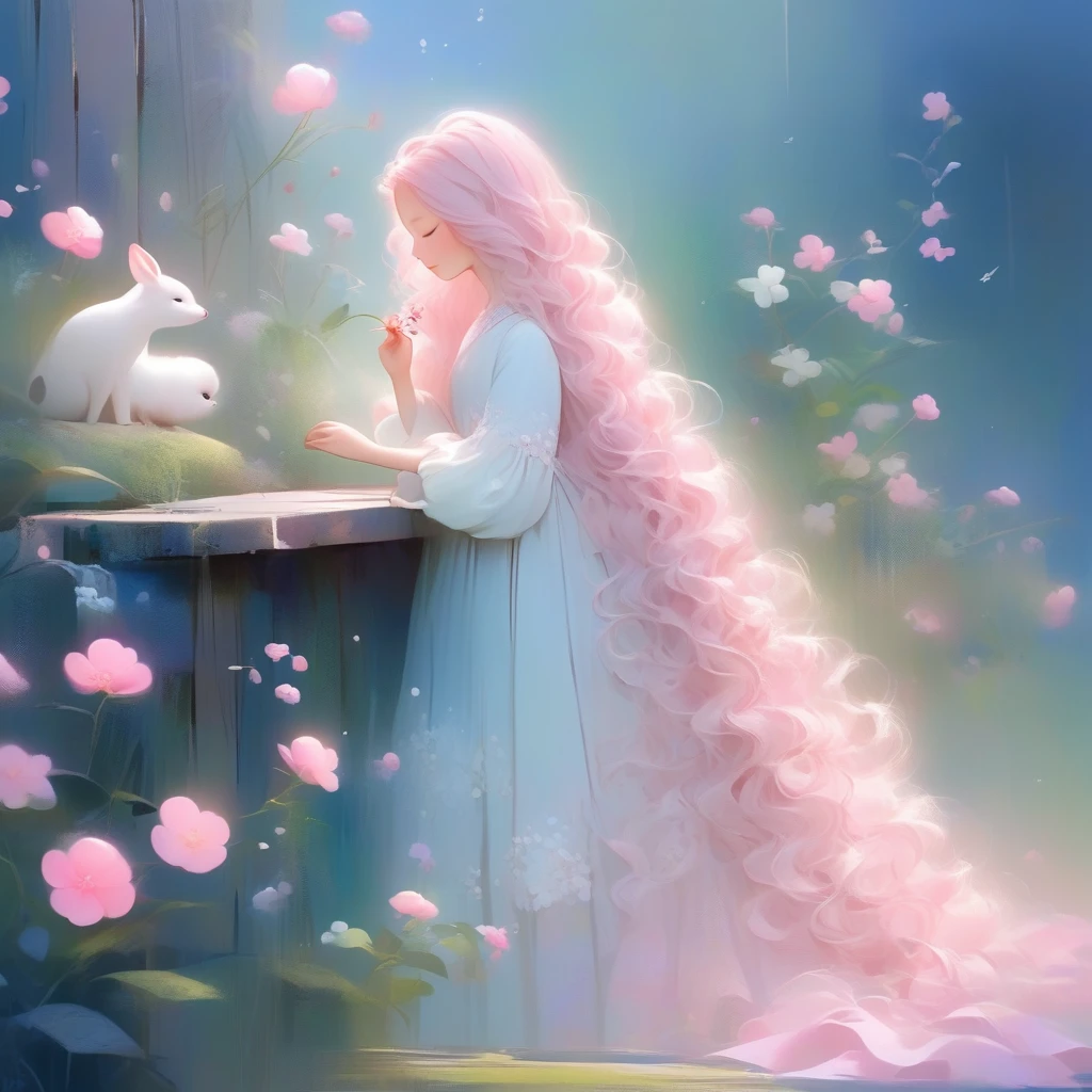 One fairy girl, alone,Feather、white、pink、 length_hair, length_sleeve, dress, Holding, Are standing, Closed_eye, flower, Artist_name, signature, from_~ side, English_article, wood, profile, animal, watermark, Wavy_hair, flower柄_printing,  plant, , nature, web_address, forest, curly_hair, パステルカラーdress, ブドウのwood