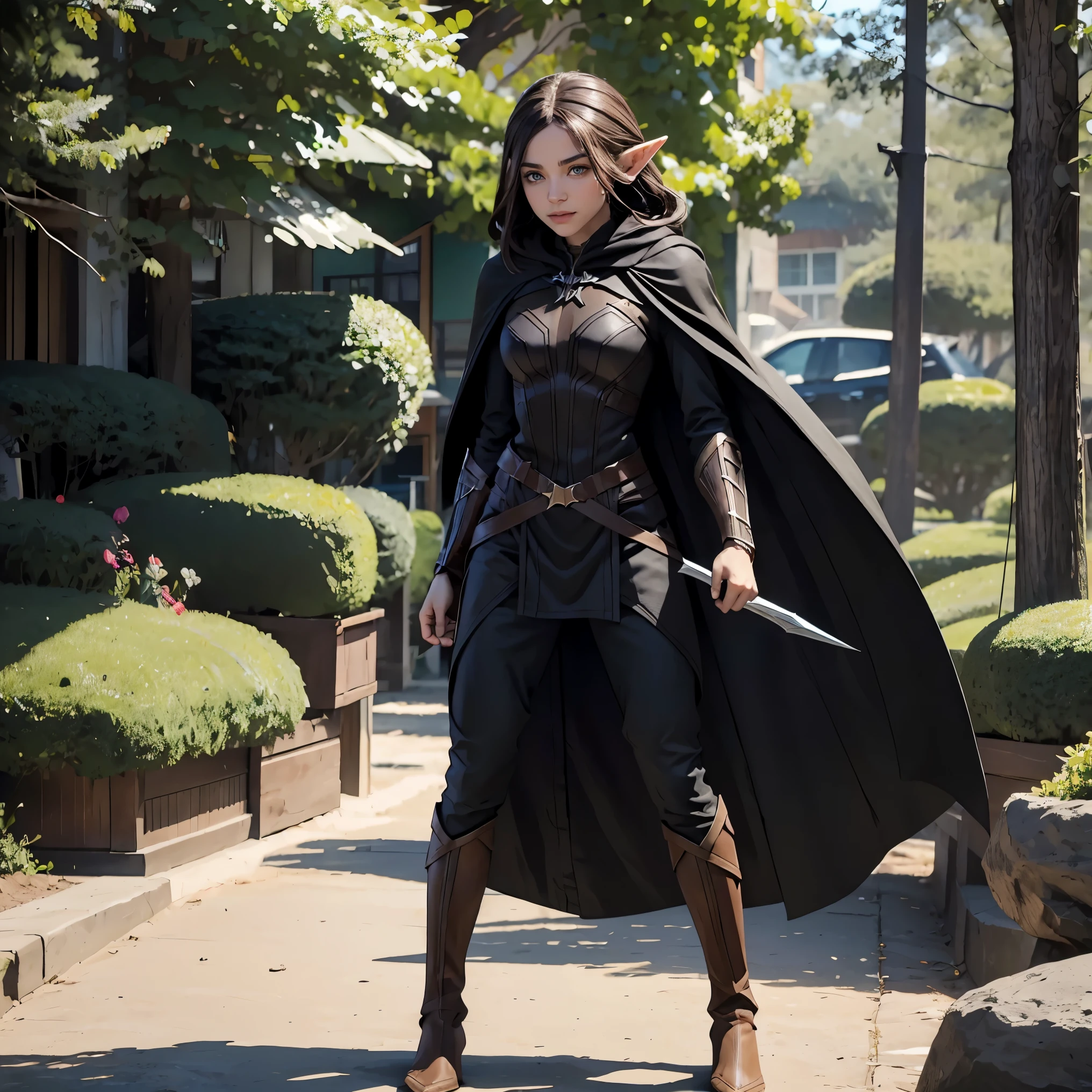 (masterpiece), best quality, expressive eyes, perfect face, ((1 female wood elf)), fit body, ((black rogue cloak)), pointy ears, short full body, ((Marvel's BlackPanther inspired costume:0.9)), brown hair, two shortswords are in both of her hands,