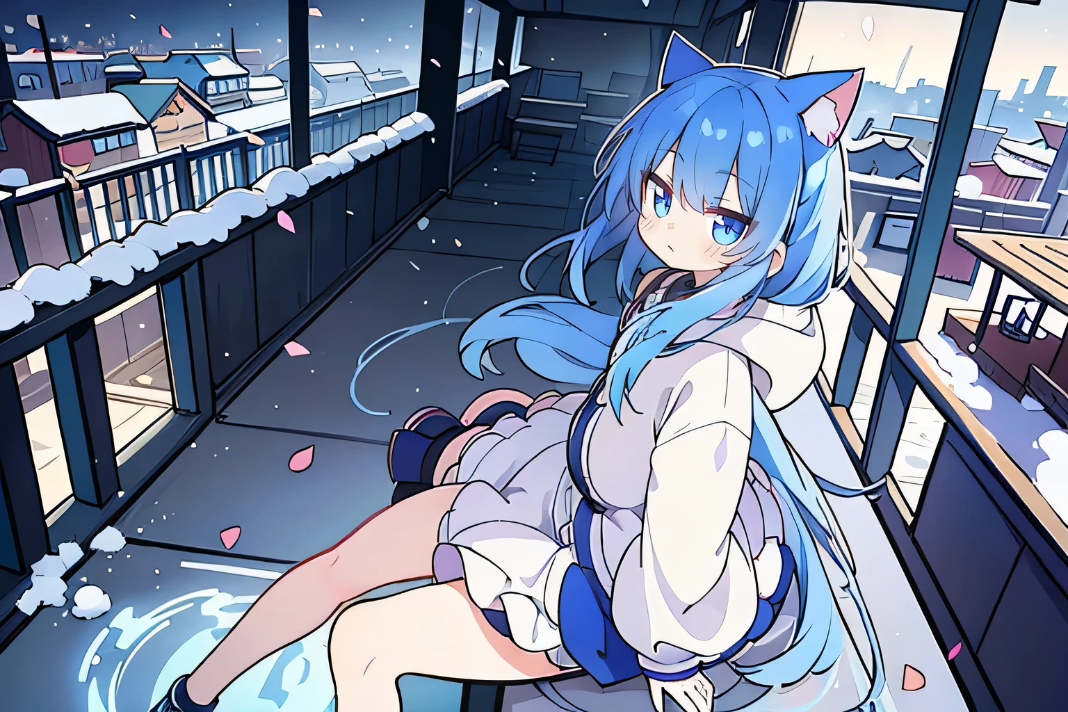 (masterpiece:1.2),Super detailed,lifelike,Expressive eyes,fair skin,perfect face shape,1 girl,
Japanese comics,Gorgeous blue hair,flowing blue hair,flowing clothes,Cat ears,Petals fall,beautiful lola,Baby Angel,
Cross your legs,Gentle and peaceful background,The pavilion is cool and comfortable,smile, wearing hoodie, background of tokyo,back views,snowing, winter.