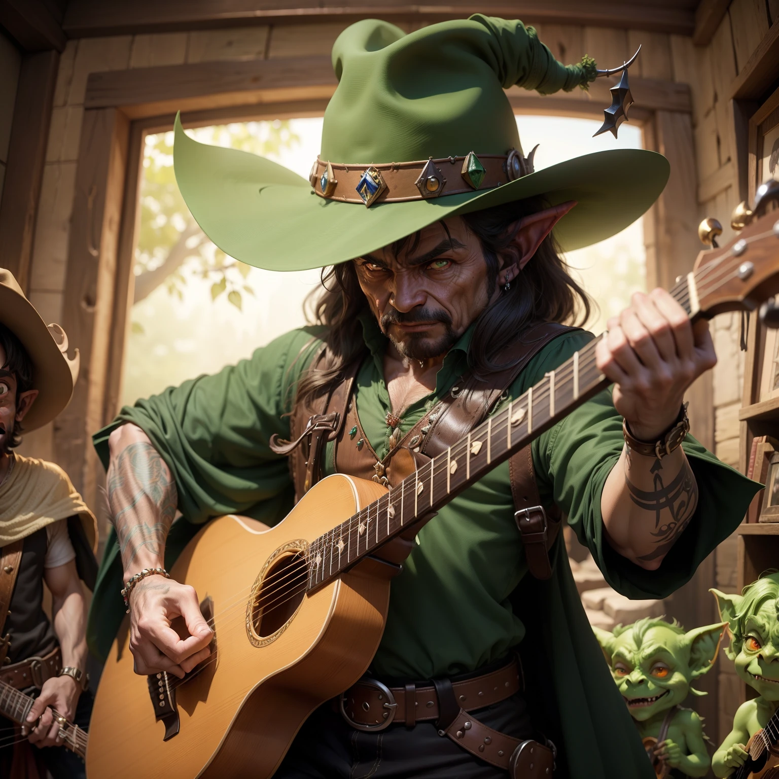 Existe um goblin travesso do reino de Dungeons and Dragons, adorned with a quirky cowboy hat over his giant, pointy ears, and a stringed lute hanging loose in his hand, preparing for a melodic performance. Esse goblin possui pele verde escura .
