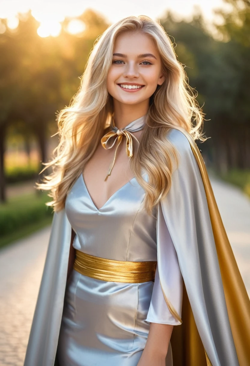 (RAW photo) , 1girl, cute, 20 years old, long blonde hair , smiling, look at viewer, ((((silver and gold lined satin cape tied at the neck)))+++, side spilt skirt , photo, realistic, best quality, hires, detailed face, detailed background, diffused lighting, depth of field, bokeh