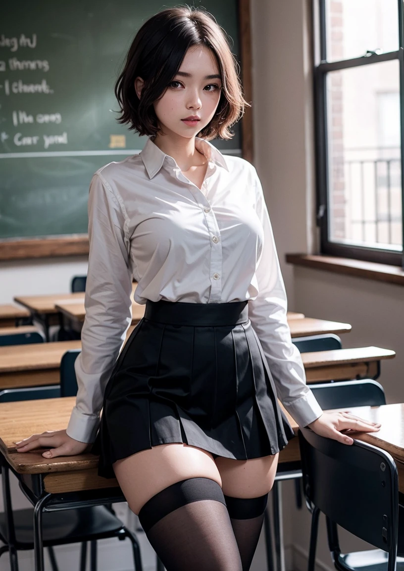 masterpiece, 1 girl, in a loose school black skirt, hair color: red, in a button-down shirt, in school stockings, very short hair, thick thighs