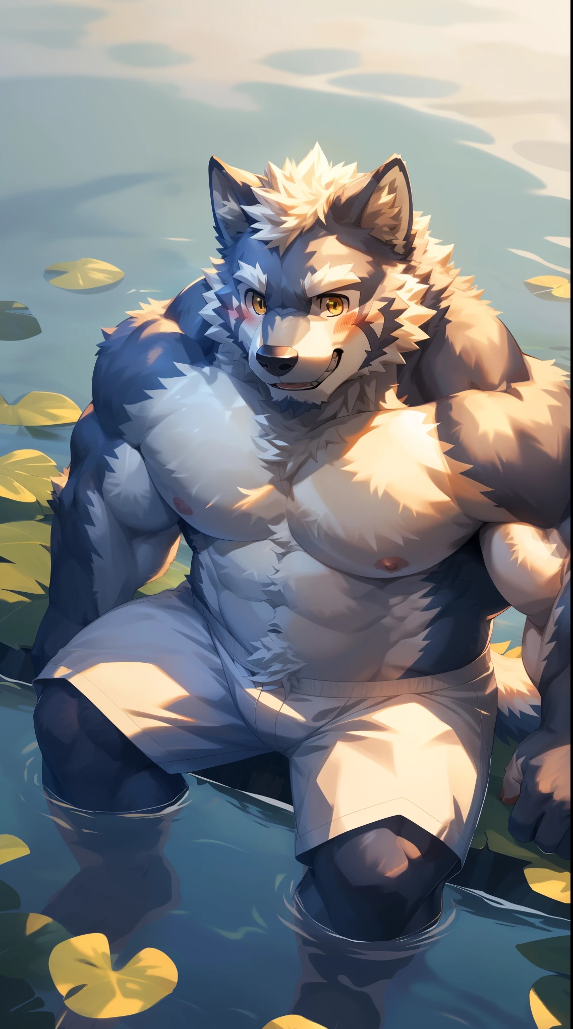 Solitary, anthropology, hairy, hairy male, Wolf, ((Fluffy fur, Fluffy, hairy body)), (Wolf印), (short beard), youth, muscular, Blue-gray body, White big muscle, Golden pupils, de-tailed teeth, defaced face, Fundos, Pectoralis major, White trousers, pink tit clusters, Sitting in the lake, Partially submerged, sideways, Small bump，(Smirking), Shy expression,  blush, Golden pupils, (Look up at the audience), Clear facial features, Strong, (Top view:1.4), majestic, solitary, Full body image, Fog atmosphere, lake, wild plants,  (through empty ghost, From wolf26, masterpiece, high quality, high resolution,8k), permanent, Full body portrait, outdoor