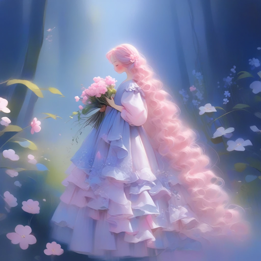 One Fairy, alone,Fairy Wings、white、pink、 length_hair, length_sleeve, dress, Holding, Are standing, Closed_eye, flower, Artist_name, signature, from_~ side, English_article, wood, profile, animal, watermark, Wavy_hair, flower柄_printing,  plant, , nature, web_address, forest, curly_hair, パステルカラーdress, ブドウのwood