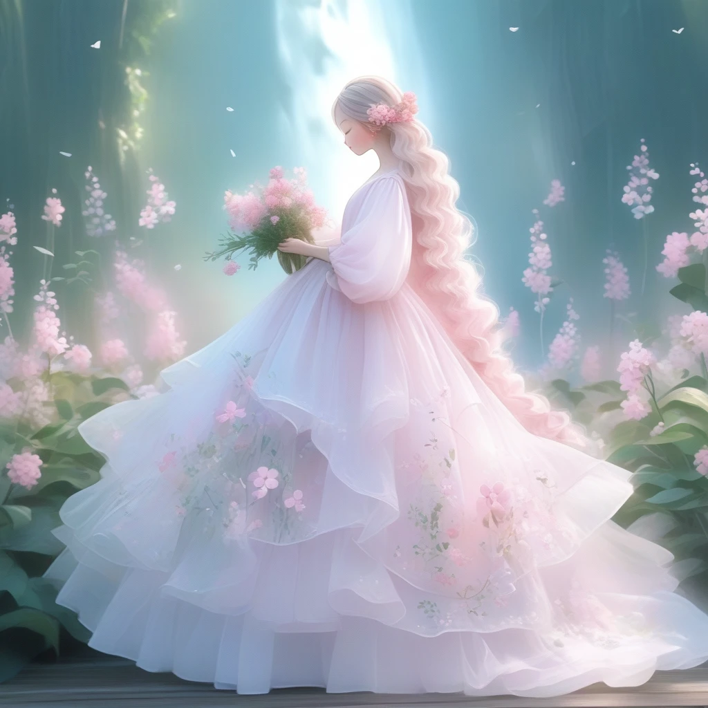 One Fairy, alone,Fairy Wings、white、pink、 length_hair, length_sleeve, dress, Holding, Are standing, Closed_eye, flower, Artist_name, signature, from_~ side, English_article, wood, profile, animal, watermark, Wavy_hair, flower柄_printing, plant, , nature, web_address, forest, curly_hair, パステルカラーdress, ブドウのwood