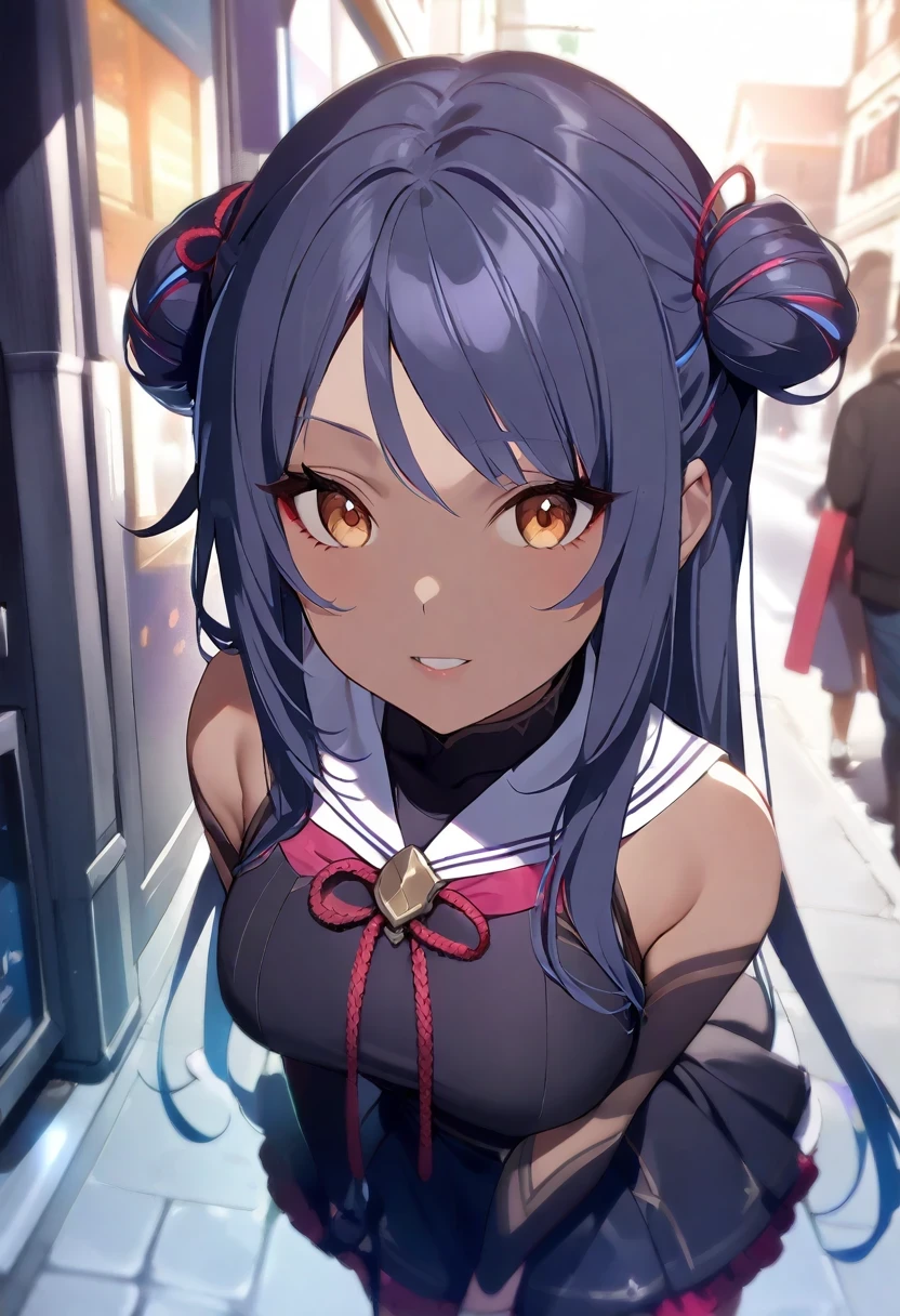 (shylily/(Twich/):1.5),(masterpiece:1.2),(best quality:1.2),(masterpiece,best quality,Super detailed),1 Girl, Rainbow hair, Colorful hair,Very long hair,Messy hair,(((Skin of color, gray skin))),,skirt, gothic skirt,((Gray Theme)),On a street, night