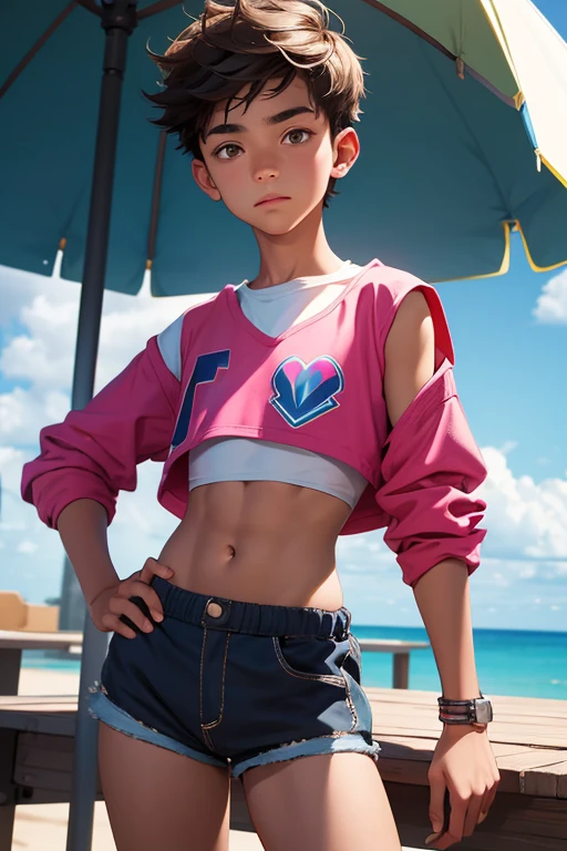 Teen boy 14 years old, boy wears a crop top and too very short shorts,