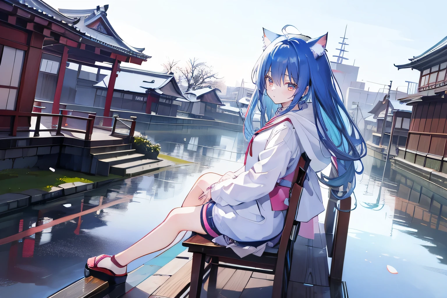 (masterpiece:1.2),Super detailed,lifelike,Expressive eyes,fair skin,perfect face shape,1 girl,
Japanese comics,Gorgeous blue hair,flowing blue hair,flowing clothes,Cat ears,Petals fall,beautiful lola,Baby Angel,
Cross your legs,Gentle and peaceful background,The pavilion is cool and comfortable,smile, wearing hoodie, background of tokyo,back views,snowing, winter.