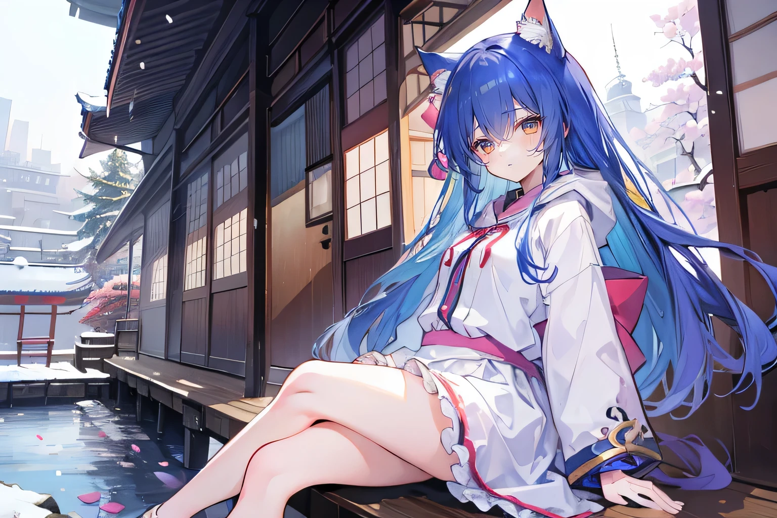 （masterpiece：1.2），Super detailed，lifelike，Expressive eyes，fair skin，perfect face shape，1 girl，
Japanese comics,Gorgeous blue hair,flowing blue hair,flowing clothes,Cat ears,Petals fall,beautiful lola,Baby Angel,
Cross your legs，Gentle and peaceful background，The pavilion is cool and comfortable,smile, wearing hoodie, background of tokyo,back views,snowing, winter.