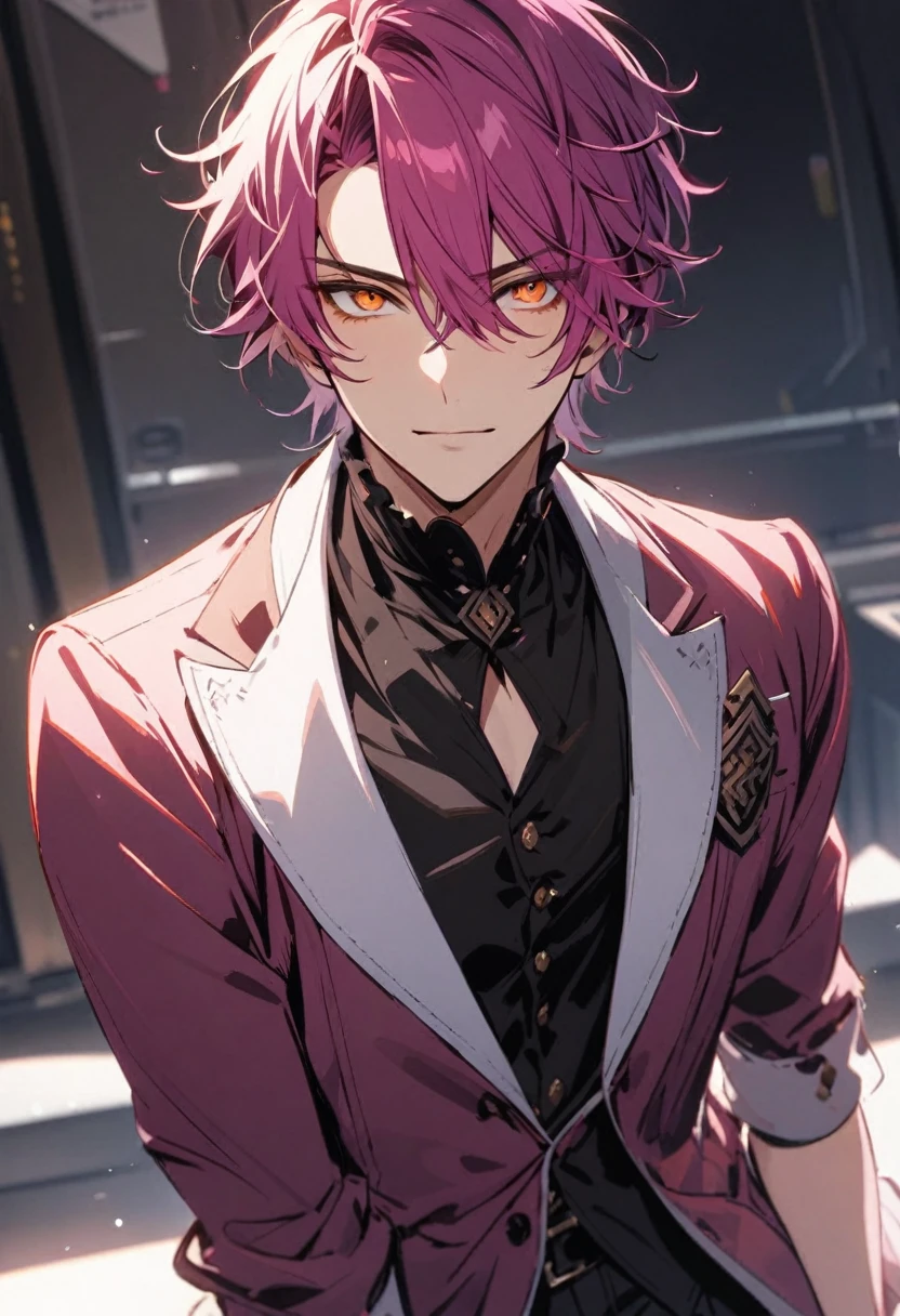Handsome, solo, 1 male, magenta hair, orange eyes