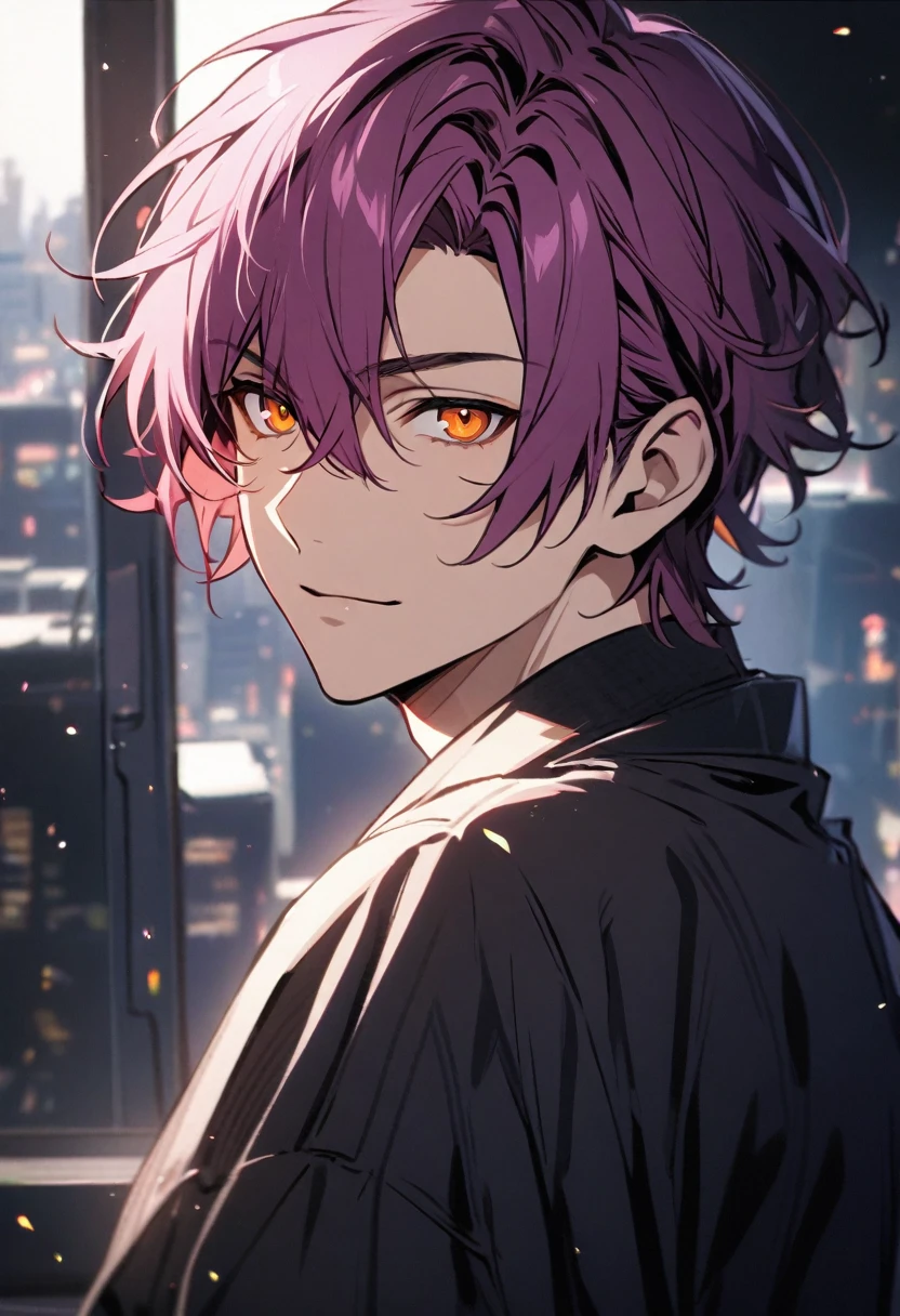 Handsome, solo, 1 male, magenta hair, orange eyes