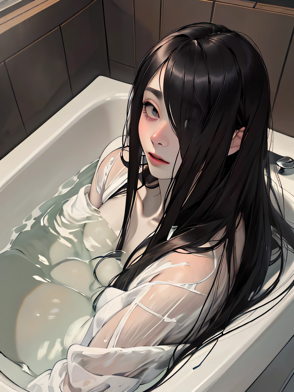 (masterpiece:1.3), (8k, Realistic, RAW Photos, highest quality: 1.4), ((One Japanese woman, Sadako)), Beautiful Face, (Realistic Face), (Black hair straight, Long Hair:1.5), ((The face is hidden by bangs:1.4)), Beautiful hairstyle, Realistic eyes, ((White of the eyes:1.2)), (Looking up:1.1), Beautiful fine details, (Realistic Skin), Beautiful Skin, ((Pale skin:1.4)), Absurd, Charm, Ultra-high resolution, Ultra-realistic, Very detailed, Golden Ratio, ((Crawling out of the bathtub:1.1)), (Old bathtub:1.4), (Dark bathroom)
