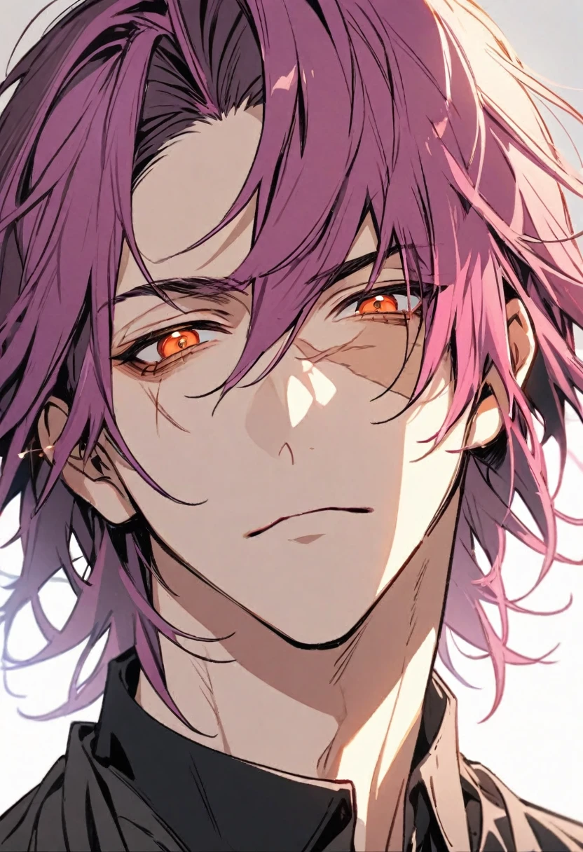 Handsome, solo, 1 male, magenta hair, orange eyes, scar across the the right eye