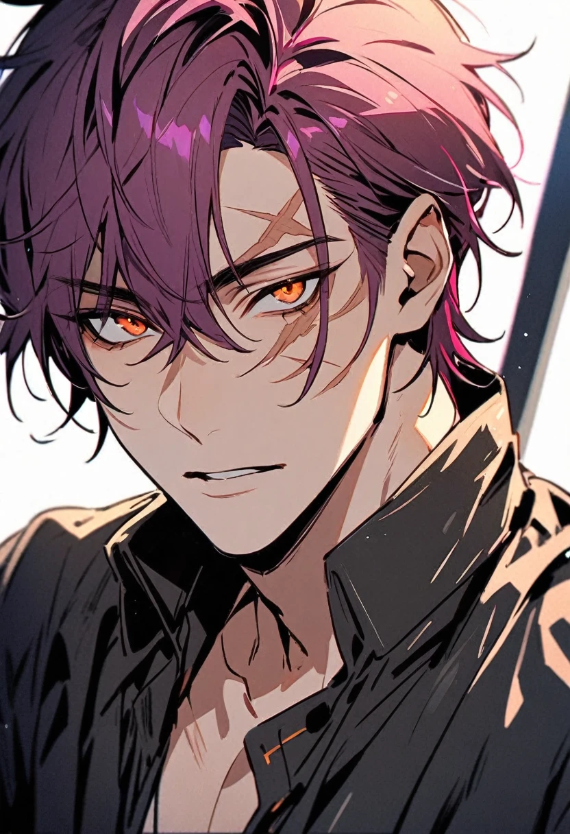 Handsome, solo, 1 male, magenta hair, orange eyes, scar across the the right eye