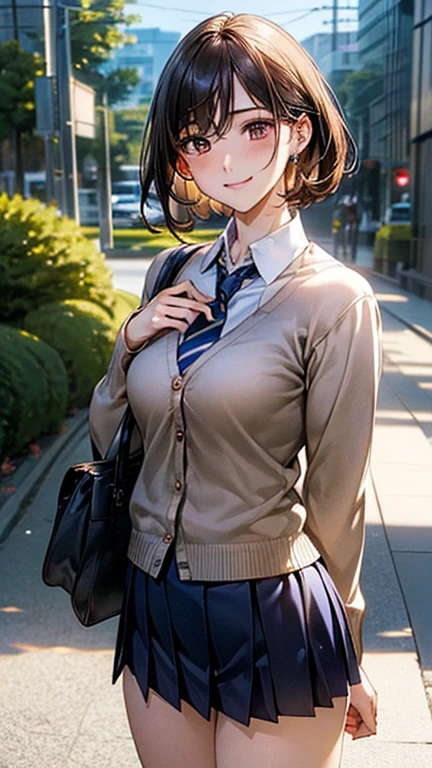 (masterpiece:1.2, top-quality), (realistic, photorealistic:1.4), beautiful illustration, (natural side lighting, movie lighting),
looking at viewer, cowboy shot, front view, 1 girl, japanese, high school girl, perfect face, cute and symmetrical face, shiny skin,
(short hair, bwown hair), parted bangs, gold eyes, (missle breasts:0.6, seductive thighs, big ass), piercings,
beautiful hair, beautiful face, beautiful detailed eyes, beautiful clavicle, beautiful body, beautiful chest, beautiful thigh, beautiful legs, beautiful fingers,
((long sleeve white collared shirts, navy pleated mini skirt, light brown cardigan)), shool bag, russet tie,
(beautiful scenery), evening, riverside, walking, (lovely smile, upper eyes),
