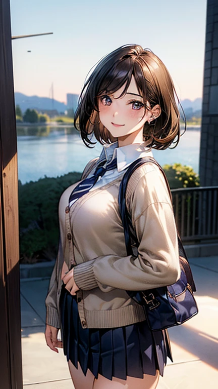 (masterpiece:1.2, top-quality), (realistic, photorealistic:1.4), beautiful illustration, (natural side lighting, movie lighting),
looking at viewer, cowboy shot, front view, 1 girl, japanese, high school girl, perfect face, cute and symmetrical face, shiny skin,
(short hair, bwown hair), parted bangs, gold eyes, (missle breasts:0.6, seductive thighs, big ass), piercings,
beautiful hair, beautiful face, beautiful detailed eyes, beautiful clavicle, beautiful body, beautiful chest, beautiful thigh, beautiful legs, beautiful fingers,
((long sleeve white collared shirts, navy pleated mini skirt, light brown cardigan)), shool bag, russet tie,
(beautiful scenery), evening, riverside, walking, (lovely smile, upper eyes),