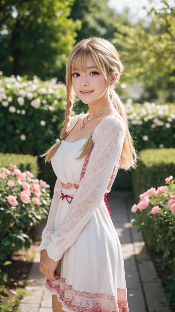Superb Quality, Masterpiece, High Resolution, Realistic girl (Realistic:2,6), 1Girl, 17yo girl, Blush, (cute Smile: 0.8), Star Pupil, blue sea eye, normal , perfect body shape ratio, bare face, body goals girl, ideal girl, perfect girl, she's my girlfriend、full body Esbian、perfect ???????, detailed ???????, A blonde, cute bangs, long straight blonde hair, sweet smile, stunning face, good girl, idol, key of visual, gorgeous face, perfect ???????, detailed ???????, her name is Roséanné Anaphalis, perfect dynamic pose, representation of rose and edelweiss flowers, she's cool and gorgeous, she wears red rose dress, long sleeve dress, she wears shining pearl necklace, elegant dress, gorgeous dress, perfect dress, pigtail, beautiful pigtail, perfect pigtail, detailed ponytail, she looks at camera, front view, full body looks, perfect camera, HD quality, high picture quality、royal kingdom background, Beautiful Wallpaper, 8K UHD, DSLR, Soft Light, High Quality, Volume Lighting, HDR on, High Resolution, 4K, 8K, Background Bokeh