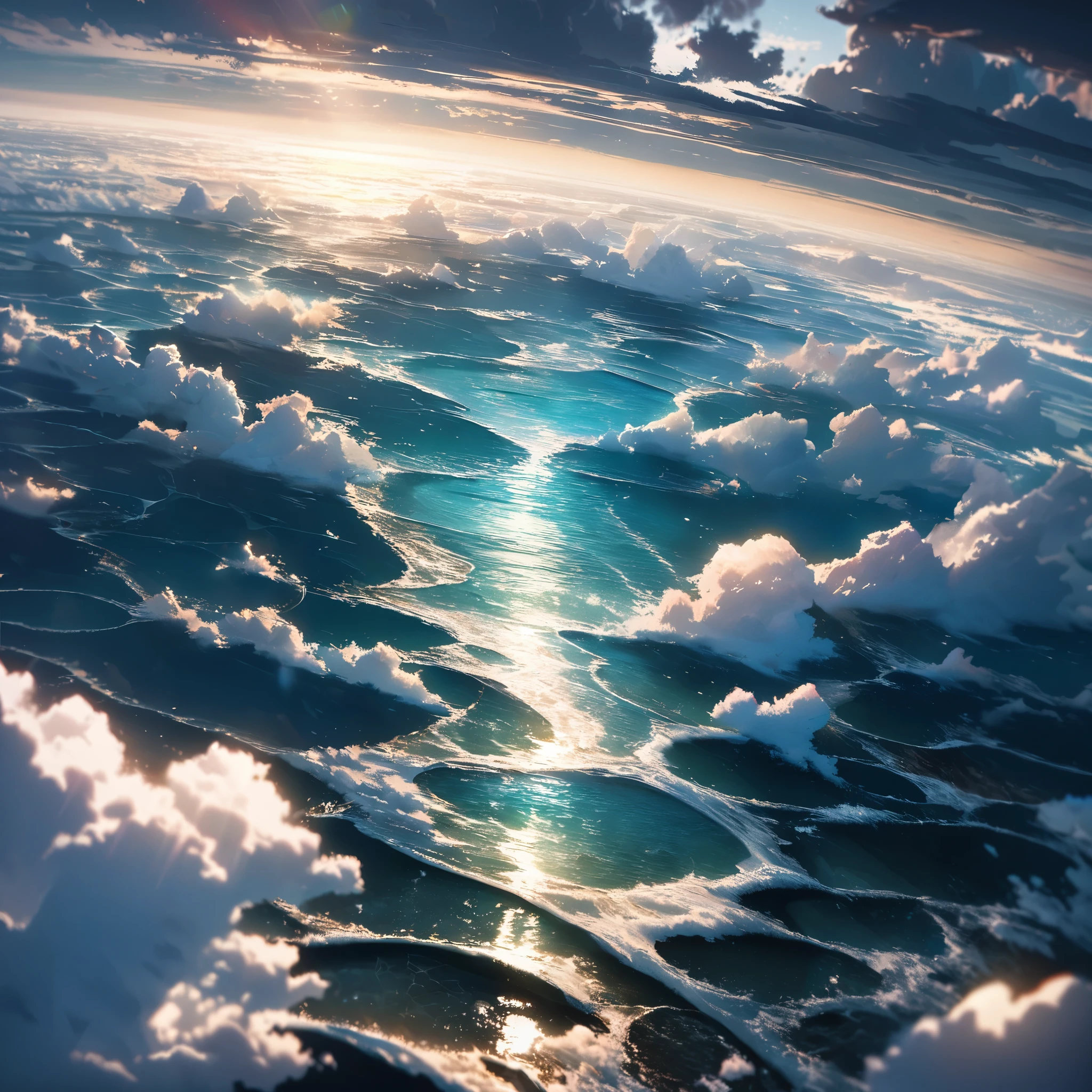 A wide transparent glass road over the sea, with realistic sea, with realistic water appearance, sunlight giving reflection on the wide glass road, realistic clouds, rough sea, solar tone in the clouds.glow, drop shadow, flower, UHD, masterpiece, accurate, anatomically correct, textured skin, super detail, high quality, best quality, 8k, high resolution, bokeh effect.