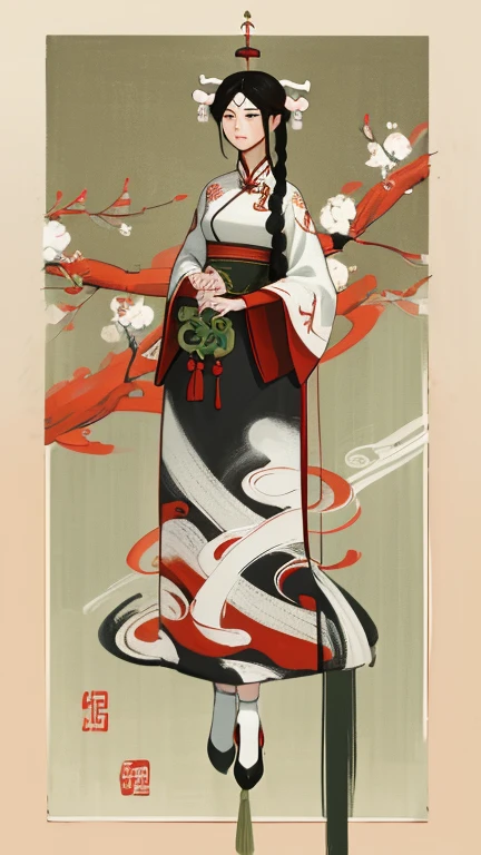 a painting of a woman in red with black hair, im Stil zarter Tuschewaschungen, epische Fantasy-Szenen, Chinese painting, bespritzt/tropfte, White background, traditional costumes, soft focus lens --ar 73:98 --stilize 750 --v 6