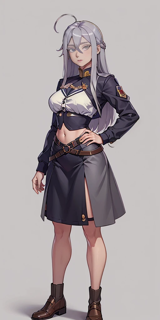 ((Masterpiece, plain background,1:2, masterpiece)) full body standing SCHOOL GIRL UNIFORM, BROWN SHOES, hands on waist, navel, (Vladilena Milize) (grey eyes:1.5), grey hair, hair between eyes, long hair