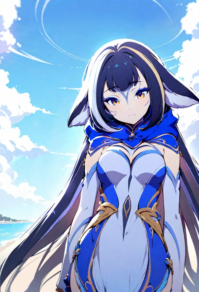 (shylily/(Twich/):1.5),(masterpiece:1.2),(best quality:1.2),masterpiece,((clear lines)), Limited color palette,best quality, Flat Color, Low contrast, ((1 girl)),(Beautiful and delicate face),(Beautiful and delicate eyes),{Long hair},Hair accessories,((Mid-chest)),scarf, , Everlasting,((Looking at the audience:1.6)), view from below,beautiful detailed sky,Bright sky,partly cloudy,SunLight, (Details),Light,Colorful,ocean,beach, bridge,The way to school,Skyscraper, autumn, haze