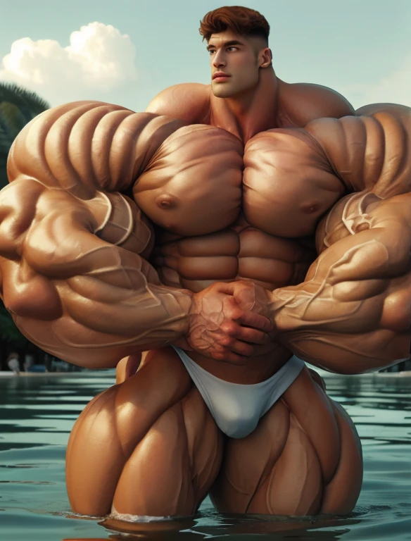 1boy, giant, model shoot style, looking at camera, standing, cool ambience, outdoor, summer season, at the ocean lagoon, cloudy sky, strong body, bulk, large size, standing, white triangular underwear, prominent bulge, big, brutalmass, giant, muscular body, bulk, massive body, large meaty body size. Hyper Realistic