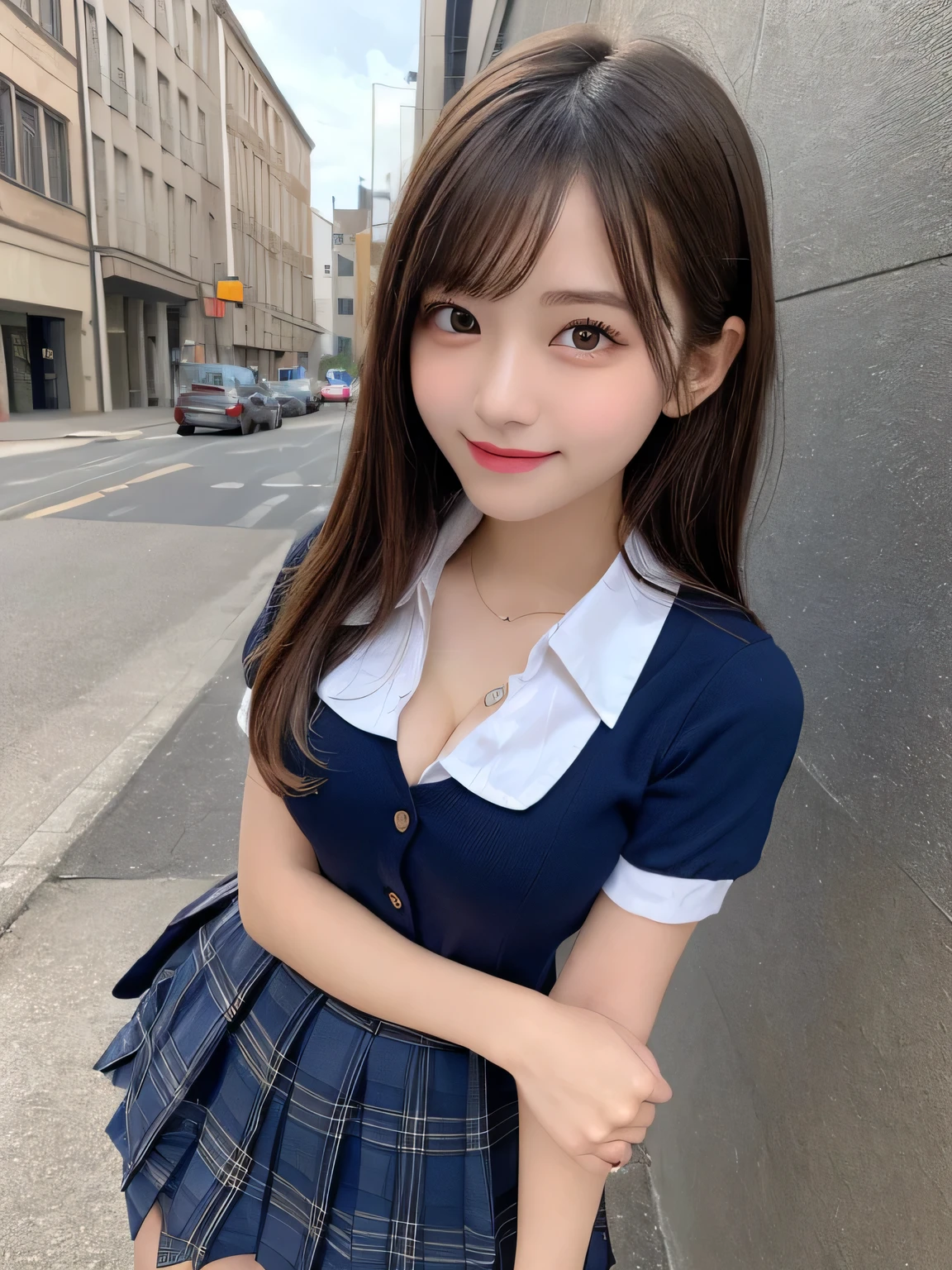 highest quality、Blonde、figure、 Blonde、Cleavage、Ultra-detailed、High resolution、8k wallpaper、Perfect dynamic composition,、Beautiful fine details、Natural color lip、Bold sexy pose、smile、16-year-old girl、cute、sexy shot looking at camera、(highest quality: 1.3), (masterpiece: 1.3), (Super Detail: 1.3), (One Girl: 1.1), (Detailed hands and fingers:1.2)、(Ultra-oily, lustrous skin with attention to detail:1.1)、Oily shiny knee socks、(The perfect school girl uniform:1.3)、Short sleeve dress shirt、(Beautiful shapely small breasts:1.3)、(Dark blue plaid mini skirt:1.2)、Brown Hair、short hair、Twin tails、Beautiful sister、Pink wall