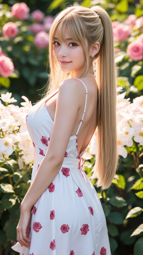 Superb Quality, Masterpiece, High Resolution, Realistic girl (Realistic:2,6), 1Girl, 17yo girl, Blush, (cute Smile: 0.8), Star Pupil, blue sea eye, normal , perfect body shape ratio, bare face, body goals girl, ideal girl, perfect girl, she's my girlfriend、full body Esbian、perfect anatomy, detailed anatomy, A blonde, cute bangs, long straight blonde hair, sweet smile, stunning face, good girl, idol, key of visual, gorgeous face, perfect anatomy, detailed anatomy, her name is Roséanné Anaphalis, perfect dynamic pose, representation of rose and edelweiss flowers, she's cool and gorgeous, she wears red rose dress, elegant dress, gorgeous dress, perfect dress, pigtail, beautiful pigtail, perfect pigtail, detailed ponytail, she looks at camera, front view, full body looks, perfect camera, HD quality, high picture quality、royal kingdom background, Beautiful Wallpaper, 8K UHD, DSLR, Soft Light, High Quality, Volume Lighting, HDR on, High Resolution, 4K, 8K, Background Bokeh
