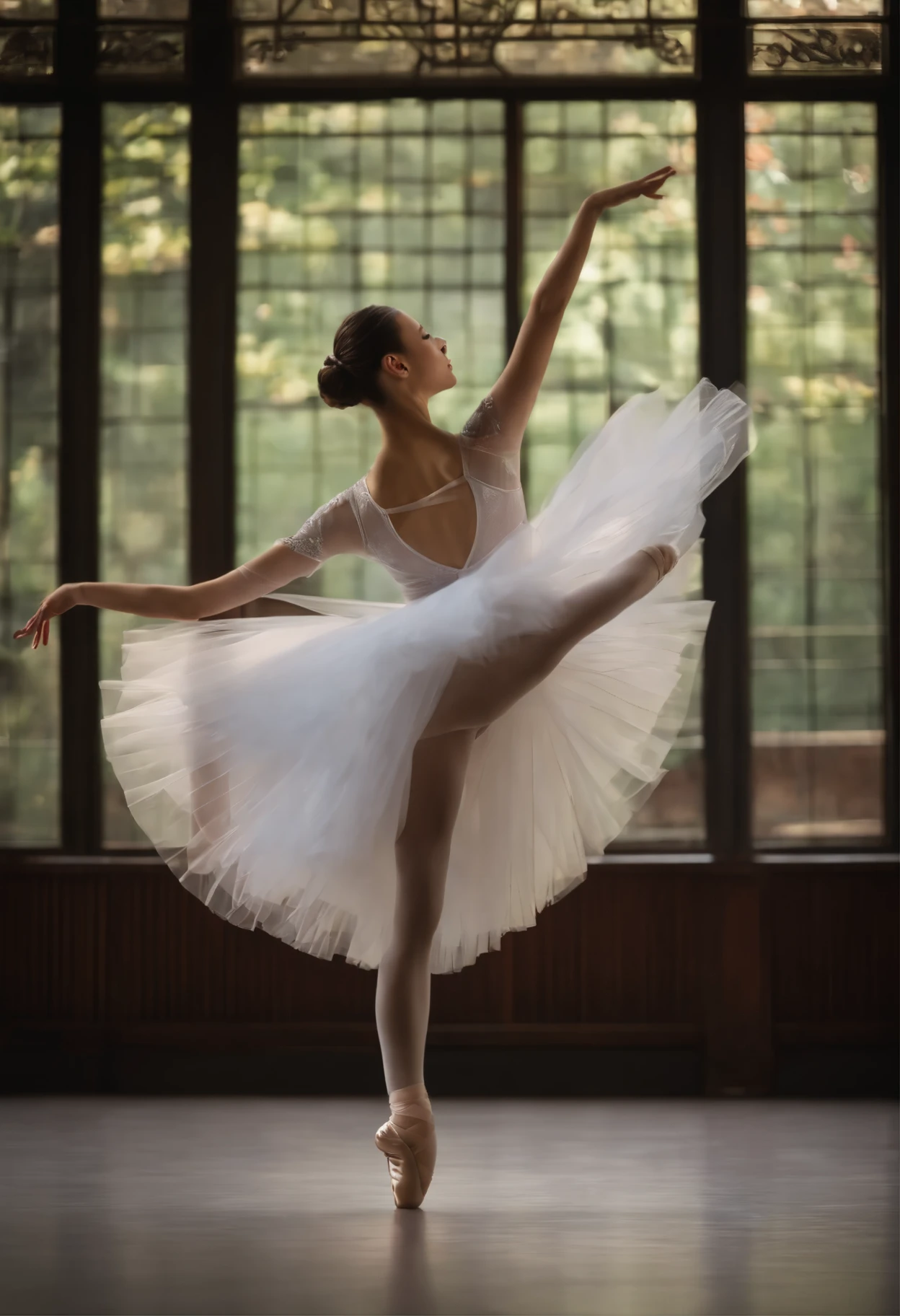(((一個穿著緊身衣的20歲的日本女孩女子穿著白色ballet裙右腳腳尖點第.Straighten your left foot back and raise it.Stretch your hands forward naturally.dance gracefully)))best quality、masterpiece、Ultra-high resolution、(Photo realism:1.4)、original photo、 dynamic dance photography, balletdancer, balletperformance photography, elegant girl,beautiful and elegant, ballet者,dynamic dance poses, ballet,