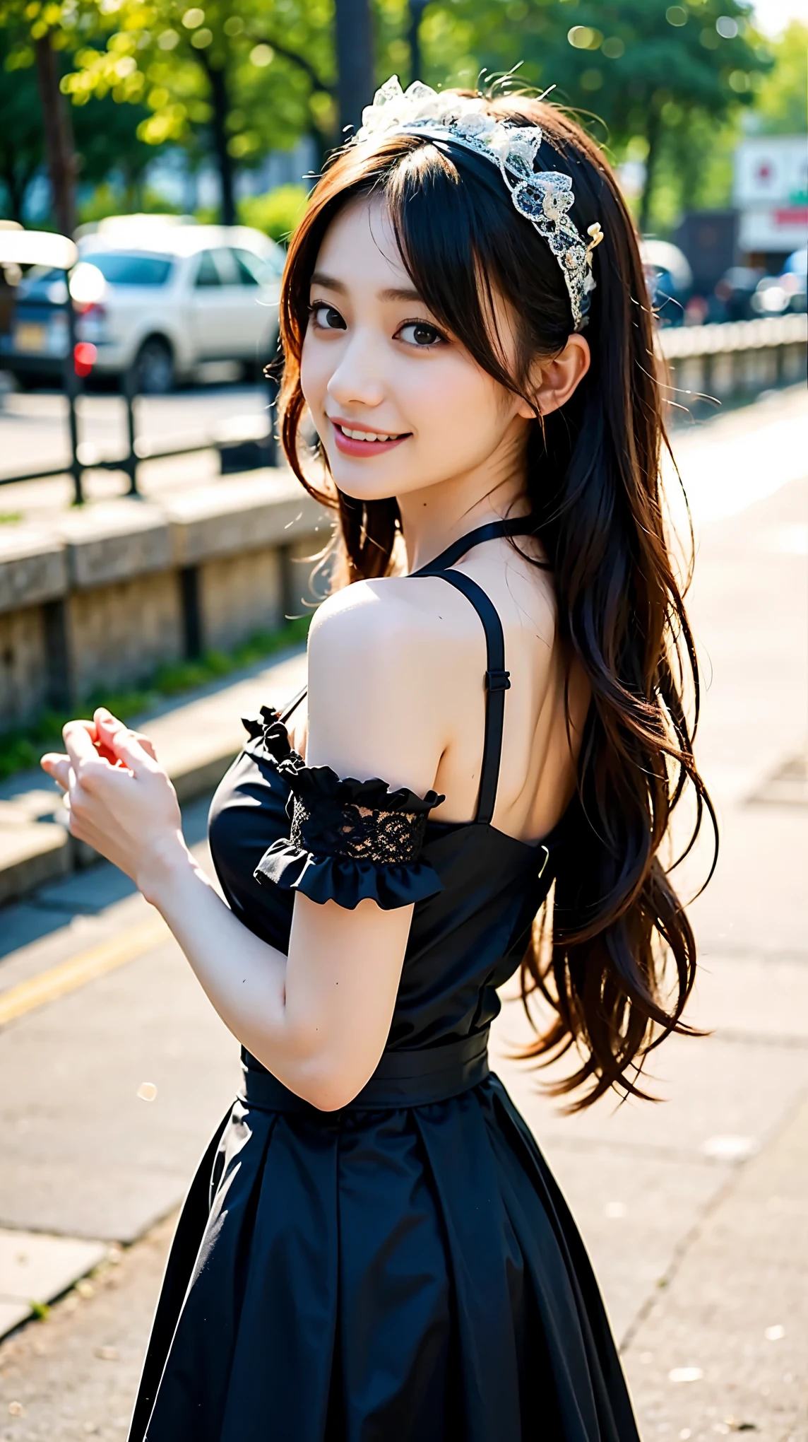 1 Nogizaka Musume、very cute、beautiful girl、19 years old、(Gothic Fashion)、Beautiful Face, Exquisite eye and skin detail、Fine, shiny black hair、Elegant frills、Frilled tie、Ribbon tie、Rose Hair Accessories、(Smiling for the camera)、(Cowboy Shot)、(European Seas)、break、(Delicate lace、Soft fabric、beautiful rose pattern dress)、Perfect Anatomy、Four fingers and a thumb、Seaside Background、BREAK ceremony,((Random sexy poses、put in、Deep joy, Ecstatic eyes:1.2)), ((I gasp hard:1.2))、Ecstatic face、Climax expression, Through clenched teeth、My whole body is convulsing、Official Art，Highly detailed CG Unity 8k wallpaper, (masterpiece:1.0),(highest quality:1.0), photo shoot, 8k, Browsing Caution, High resolution, Kodak Portrait 400, Film Grain, Lens flare brilliance,Very low camera angle, View your viewers, Back view, look back
