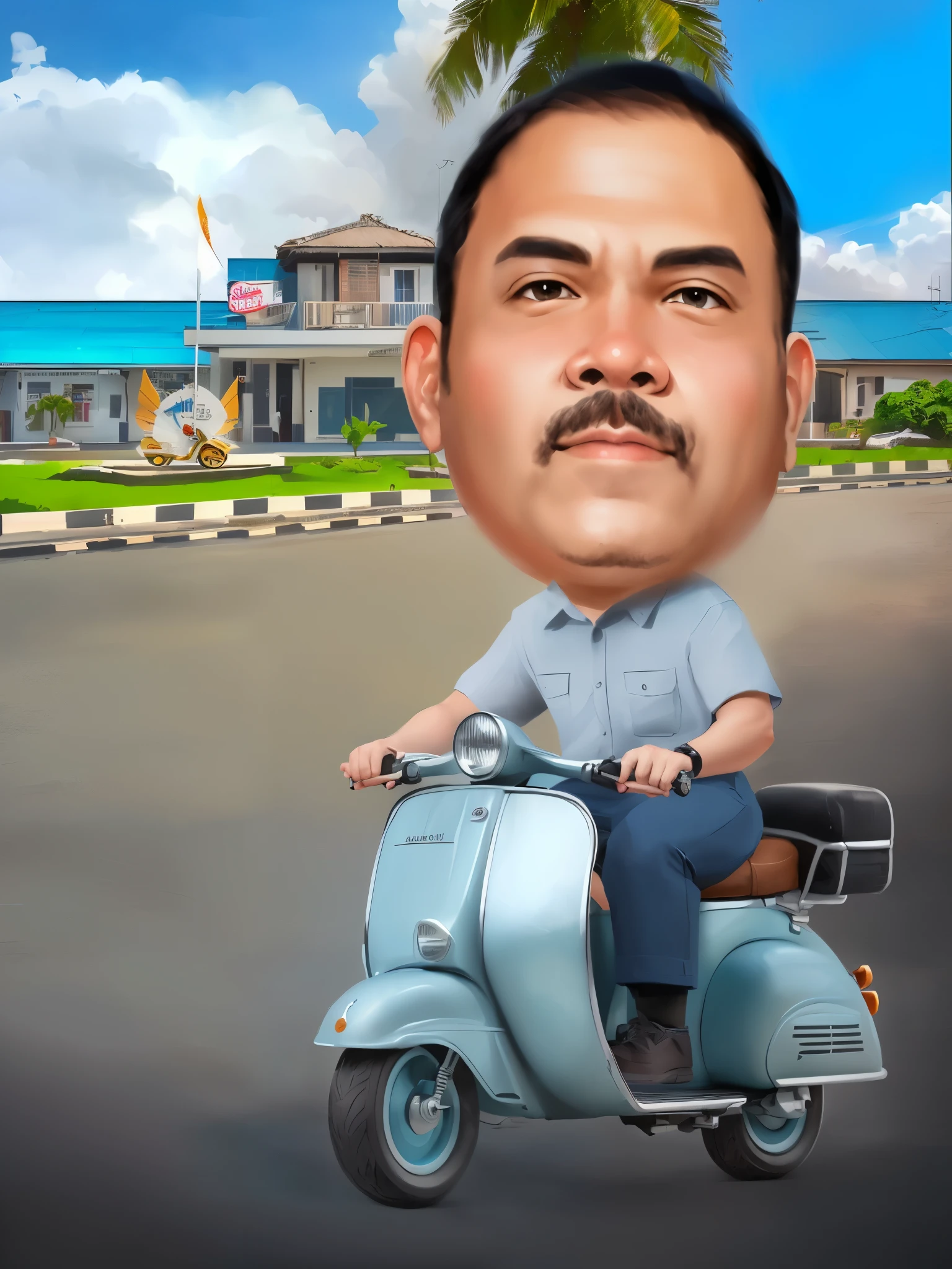cartoon of a man riding a scooter on a street with a beach in the background, caricature illustration, caricature style, in cartoon style, caricature, cartoon digital painting, cartoon digital art, inspired by Rudy Siswanto, caricature!!!, digital art cartoon, fanart, cartoon portrait, by Abidin Dino, digital art!!, chibi, cartoon artstyle