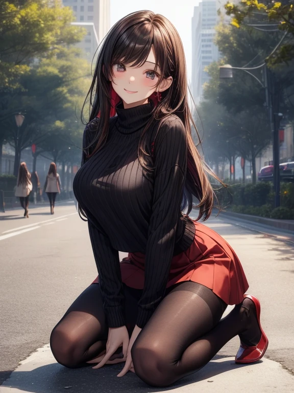 top-quality、Full limbs、complete fingers、Slender beauty、Women with straight hair、Brown-haired woman、Women with medium hair、(Beautiful busty woman:1.3)、(black knit tops)、(Red mini flared skirt)、Black pantyhose、Naughty Poses、a park、A big smile、Kneeling