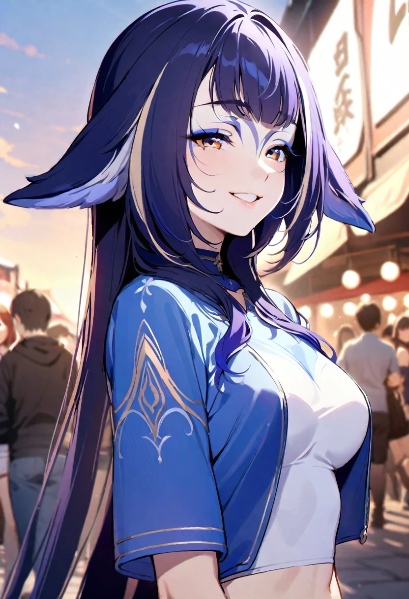 (shylily/(Twich/):1.5),(masterpiece:1.2),(best quality:1.2),(((top quality, 8k, masterpiece))), Clear focus, (Beautiful Women in Perfect Shape), slim, (hairstyle: up)),, street: 1.2 highly detailed faces and skin textures detailed eyes double eyelids random poses, (Smile),, Realistic face, double eyelids,Smile,Summer Day Festival , Sunset ,Fireworks background.