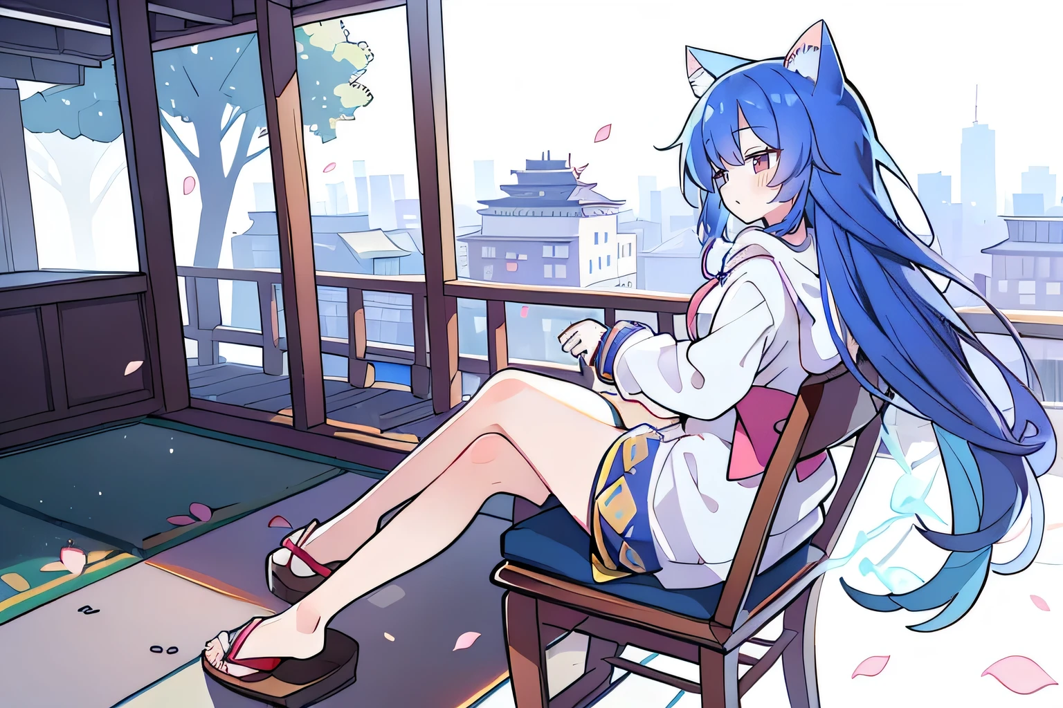 (masterpiece:1.2),Super detailed,lifelike,Expressive eyes,fair skin,perfect face shape,1 girl,
Japanese comics,Gorgeous blue hair,flowing blue hair,flowing clothes,Cat ears,Petals fall,beautiful lola,Baby Angel,
Cross your legs,Gentle and peaceful background,The pavilion is cool and comfortable,smile, wearing hoodie, background of tokyo,back views,snowing, winter.
